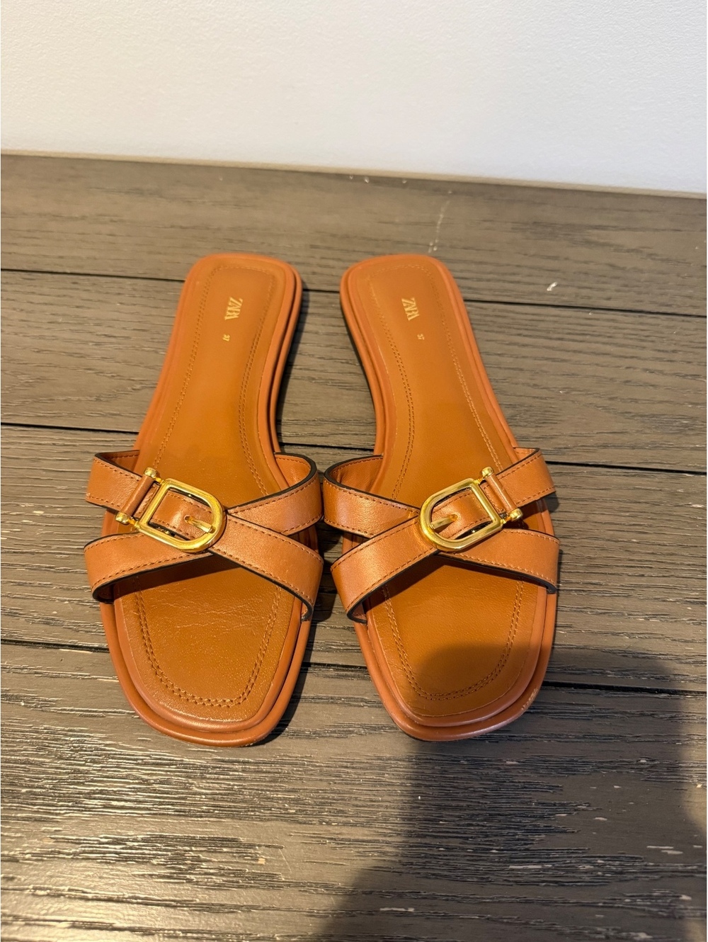 Zara Brown Leather Slide Sandals Women’s Size 37/7 - Picture 3 of 5